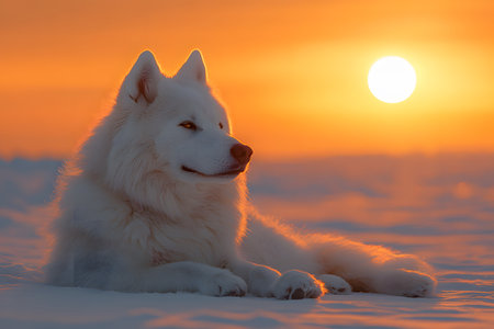 A beautiful white dog rests gracefully on a snow-covered field with a vivid orange sunset in the background. the serene winter landscape and the dog's elegant posture create a tranquil and picturesque scene. Generative AIの素材