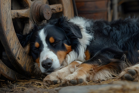 A serene farm scene featuring a content dog resting against an old wooden wagon wheel. the calm, rustic environment essence of countryside life, emphasizing tranquility and relaxation amidst simple, natural surroundings. Generative AIの素材