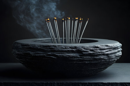 A collection of lit incense sticks emitting gentle smoke, arranged in a textured stone holder on a dark background. the serene ambiance is ideal for meditation, relaxation, or spiritual rituals, tranquility and mindfulness. Generative AIの素材