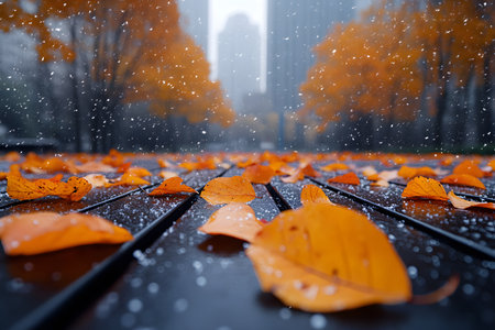 Orange autumn leaves scattered on a wet park bench as gentle snowflakes fall, creating a serene contrast between fall and winter elements in an urban park setting with blurred skyscrapers in the background. Generative AIの素材