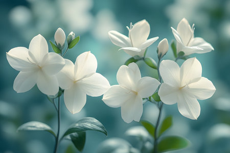White jasmine flowers in full bloom stand out against a blurred blue background, creating a serene and peaceful atmosphere. the delicate petals and soft lighting highlight the purity and simplicity of natural beauty. Generative AIの素材