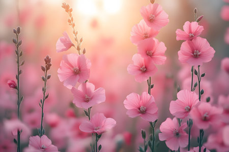 Pink hollyhocks bathed in warm sunset light create a serene floral scene. soft-focus background enhances their elegance, making it ideal for nature photography, art prints, and decorative design. Generative AIの素材