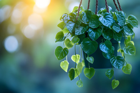 Hanging pothos plant with heart-shaped leaves under soft, glowing sunlight against a blurred natural background. ideal for concepts related to nature, gardening, and botanical decor in serene settings. Generative AIの素材