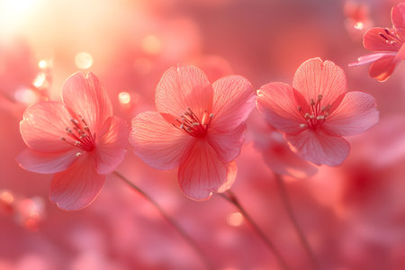 Pink cherry blossoms bathed in gentle sunlight create a vibrant, serene atmosphere. delicate petals and warm tones evoke the essence of spring, ideal for floral decor, nature photography, and seasonal design. Generative AIの素材