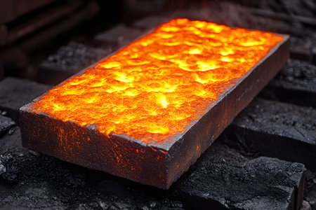 A glowing block of molten metal cooling on an industrial forge embodies the intense heat and dynamic forces of metallurgy. capturing the transformative processes in manufacturing, it highlights the complexity of metalworking techniques. Generative AIの素材