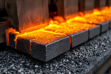 Steel ingots glowing red-hot are transported along a conveyor belt in a foundry, showcasing the intense heat and energy of metal production. the scene highlights the industrial process of metal casting and forging in a manufacturing environment. Generative AIの素材