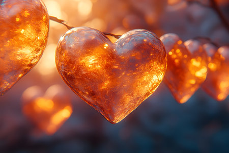 Glowing heart-shaped decorations, suspended on a string, create a warm and romantic atmosphere. the soft lights and warm tones evoke feelings of love, making the scene ideal for celebrations or intimate settings. Generative AIの素材