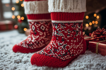 Festive knitted red socks with white nordic patterns keep feet warm on a plush carpet, surrounded by a beautifully lit christmas tree and wrapped gifts. ideal for capturing holiday spirit and cozy winter moments. Generative AIの素材