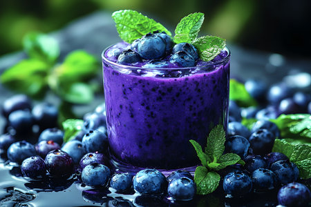 Vivid purple blueberry smoothie garnished with fresh mint leaves, resting on a surface scattered with whole blueberries. evokes freshness and health, perfect for summer and wellness-focused themes. Generative AIの素材