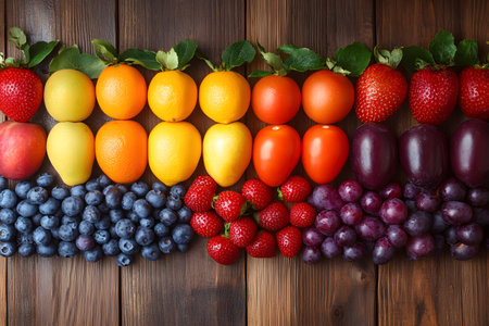 A vibrant assortment of fresh fruits displayed in rows on a rustic wooden background, including strawberries, citrus, tomatoes, blueberries, and grapes. perfect for culinary themes, health concepts, or kitchen decor visuals. Generative AIの素材