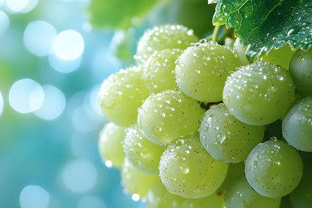 Fresh green grapes glistening with water droplets, hanging on the vine against a soft, blurred background. ideal for themes of nature, freshness, organic agriculture, or food photography. Generative AIの素材