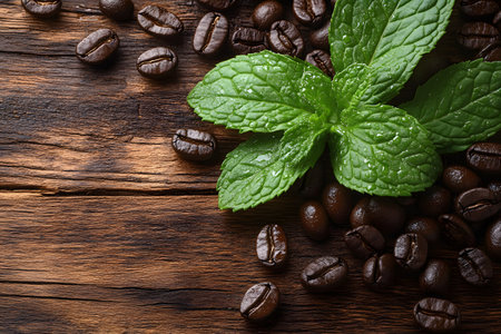 Mint leaves and coffee beans rest on a textured wooden surface, creating a rich blend of color and texture. this composition highlights the contrast between fresh, vibrant greens and the dark, roasted appearance of coffee beans. Generative AIの素材