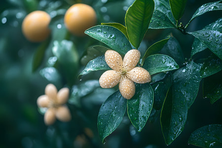 Close-up of citrus blossoms surrounded by lush green leaves, covered in sparkling dew drops. the soft focus background enhances the tranquility of a misty garden scene, nature's delicate beauty. Generative AIの素材