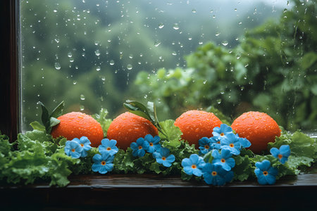 Vibrant oranges are nestled among lush green lettuce and delicate blue flowers, placed on a wooden window ledge. raindrops on the glass add a refreshing, natural ambiance, with a blurred, verdant backdrop enhancing the peaceful, rainy day theme. Generative AIの素材