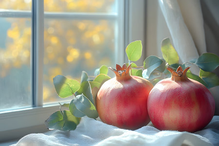 Two ripe pomegranates rest by a sunlit window, surrounded by green leaves. the soft, golden light creates a warm and inviting atmosphere, ideal for autumn-themed decor or stock imagery focusing on nature and harvest. Generative AIの素材