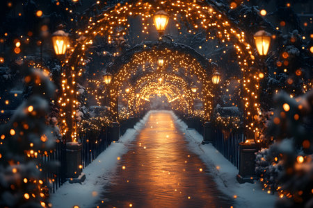 Enchanting winter scene featuring a snow-covered walkway illuminated by warm glowing lights. the symmetrical arches and festive atmosphere create a magical ambiance, perfect for holiday-themed designs and festive marketing. Generative AIの素材