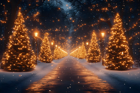 A serene winter pathway lined with majestic christmas trees adorned with golden lights, under a canopy of softly falling snow. street lamps add to the magical holiday glow, creating a welcoming festive atmosphere. Generative AIの素材