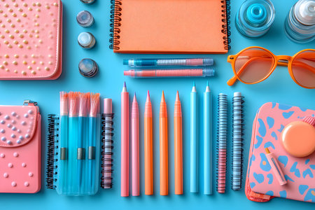 An arrangement of vibrant stationery items including notebooks, pens, highlighters, and office accessories. set against a blue background, this image highlights modern office and school supplies with a stylish, colorful aesthetic. Generative AIの素材
