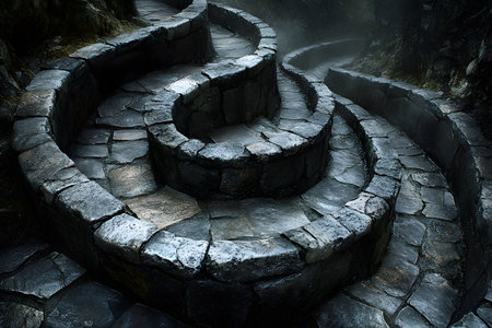 Winding stone steps lead through a misty forest, creating an enigmatic atmosphere. the smooth, weathered stones and gentle curve of the path suggest a journey into the unknown, perfect for themes of exploration and adventure. Generative AIの素材