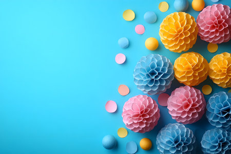 Colorful paper flowers in pink, blue, and yellow with matching polka dots adorn a bright blue background, offering a lively and cheerful scene ideal for artistic design, crafts, or festive decor themes. Generative AIの素材
