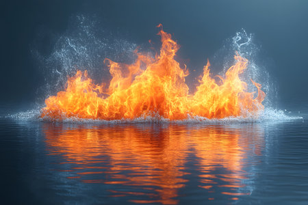 Surreal scene of vibrant flames emerging from a calm water surface, creating a striking contrast. the fiery reflections enhance the sensation of heat meeting liquid, perfect for creative design inspiration. Generative AIの素材