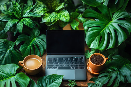 A modern laptop rests on a wooden table surrounded by vibrant tropical plants. two mugs, one filled with coffee and the other with coffee beans, add to the cozy ambiance, perfect for a creative workspace. Generative AIの素材