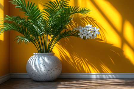 Lush green palm leaves gracefully arranged in a speckled ceramic vase casting intricate shadows on a vibrant yellow wall. the wooden herringbone floor enhances the tropical and modern interior ambiance. Generative AIの素材