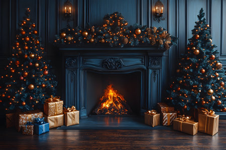A sophisticated christmas setup featuring a glowing fireplace surrounded by two ornately decorated trees with gold and blue ornaments. wrapped gifts in shimmering paper complete the festive scene, creating a warm, elegant holiday ambiance. Generative AIの素材