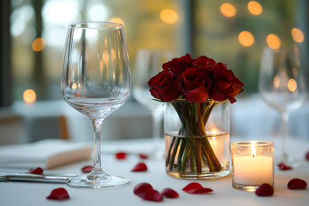 A beautifully arranged dinner table featuring a wine glass, a candle, and a vase of red roses, set against a softly lit background. rose petals scattered on the table enhance the romantic atmosphere. Generative AIの素材