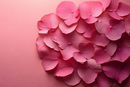 Pink hydrangea petals are elegantly arranged on a soft, blush pink background, creating a delicate and serene floral composition. ideal for projects involving nature, beauty, or romantic themes. Generative AIの素材