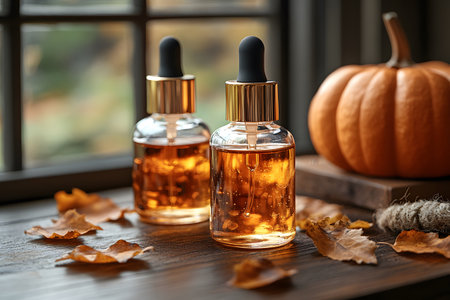 Essential oil bottles with dropper caps sit on a wooden surface, surrounded by autumn leaves. a pumpkin in the background enhances the seasonal theme. soft lighting and a window view create a cozy, rustic atmosphere perfect for fall promotions. Generative AIの素材