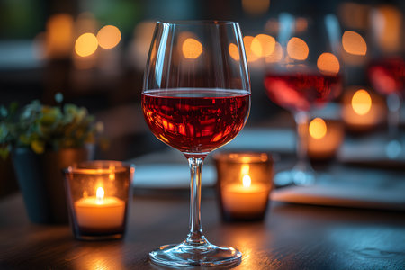 A sophisticated setting a glass of red wine, surrounded by soft candlelight. the warm glow creates a romantic atmosphere, perfect for an intimate dining experience or a cozy evening at home. Generative AIの素材