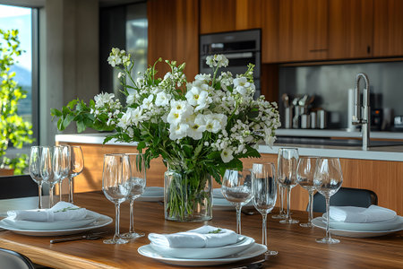 Elegant dining table set with white floral centerpiece in a modern kitchen setting. features crystal-clear glassware, neatly folded napkins, wooden table surface, and sunlight reflecting off polished kitchen appliances and cabinetry. Generative AIの素材