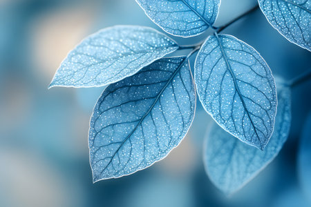 Dew-kissed leaves in a serene blue hue create a tranquil and elegant scene, perfect for nature-inspired designs or backgrounds. soft lighting highlights the intricate details and veins of the leaves, enhancing their ethereal beauty. Generative AIの素材