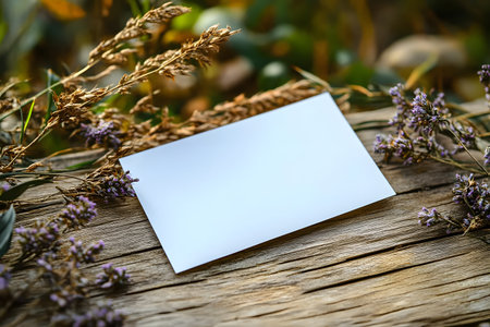 Blank white card placed on a rustic wooden surface surrounded by dried grass and lavender blossoms. the natural autumnal setting creates a perfect background for invitations, greeting cards, or promotional designs. Generative AIの素材