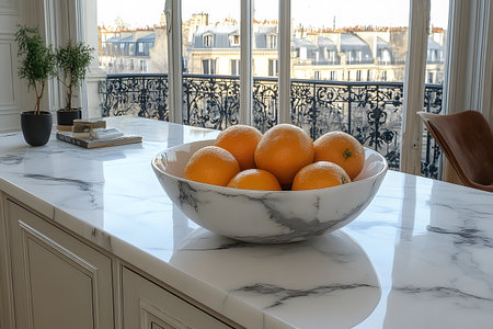 Bowl of fresh oranges sits on a luxurious marble countertop in a chic kitchen with elegant decor. large windows reveal a stunning view of parisian rooftops, enhancing the blend of modern and classic aesthetics. Generative AIの素材
