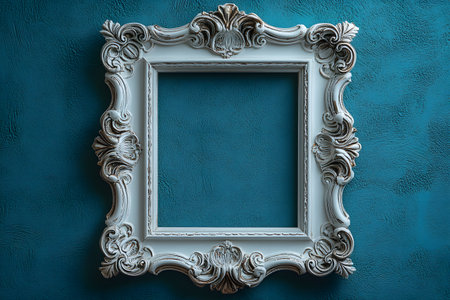 Intricately designed vintage baroque-style frame set against a textured teal wall. the ornate details and classic craftsmanship make it ideal for artistic prints, enhancing sophisticated interior decor, or as a stylish background. Generative AIの素材