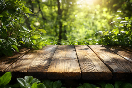 A rustic wooden table sits amidst a verdant forest, bathed in warm sunlight. the vibrant greenery and sun-dappled leaves create a tranquil and inviting atmosphere, perfect for nature-inspired designs or relaxation themes. Generative AIの素材