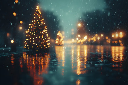 A beautifully lit christmas tree adorned with glowing lights stands on a rainy street, reflecting its warm illumination on the wet pavement. the blurred city lights create a festive ambiance, ideal for holiday-themed designs or posters. Generative AIの素材