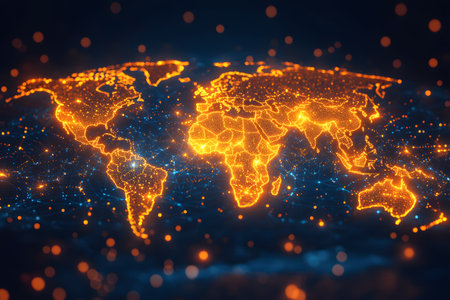 A vibrant digital representation of a world map illuminated with glowing orange lights against a dark background. the image symbolizes global connectivity, technological advancements, and data networks, making it ideal for tech-related designs. Generative AIの素材