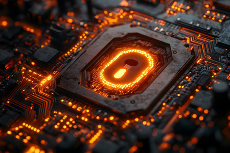 A close-up image of a circuit board featuring a glowing lock icon, symbolizing cybersecurity and digital protection. the intricate details of the electronic components highlight advanced technology. Generative AIの素材