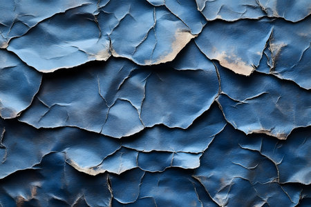 Blue paint with an intricate cracked surface texture creates an abstract, rugged aesthetic. the overlapping layers provide depth, making it ideal for backgrounds, artistic projects, or design concepts. Generative AIの素材