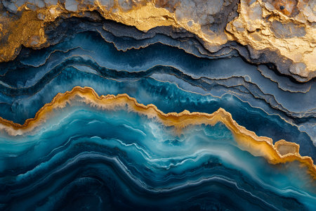 Abstract aerial view resembling earth layers, featuring rich blue tones accented by gold. the composition's fluid lines evoke the look of geological formations, offering a versatile artistic background suitable for various design uses. Generative AIの素材