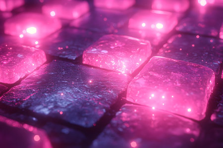 Neon pink glowing stones create a mesmerizing abstract background, perfect for digital designs. the luminous textures and vibrant colors evoke a futuristic and energetic ambiance, ideal for modern graphic projects. Generative AIの素材