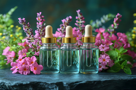 Three glass serum bottles with wooden droppers are elegantly arranged on a stone surface, surrounded by blooming pink flowers and lush green foliage. the composition exudes tranquility and is ideal for spa-related themes. Generative AIの素材