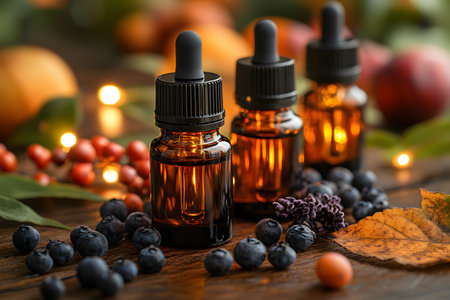 Aromatherapy bottles surrounded by autumn-inspired elements like berries, leaves, and warm lighting evoke a sense of seasonal tranquility. the amber hue of the oils complements the cozy theme, ideal for holistic and wellness uses. Generative AIの素材