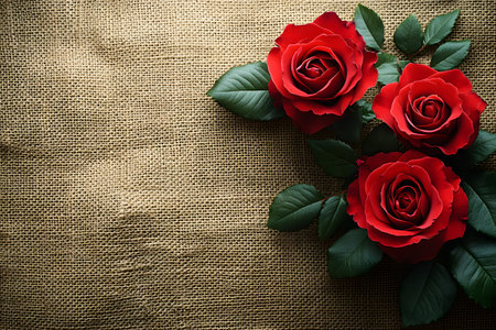 Three vibrant red roses with lush green leaves arranged on a textured burlap surface. the contrast between the delicate petals and coarse fabric creates a visually striking composition, ideal for romantic or rustic-themed projects. Generative AIの素材