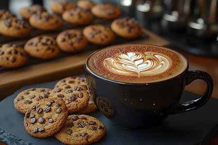 A beautifully crafted cup of coffee with latte art in a dark mug is paired with chocolate chip cookies, creating a cozy and inviting cafe ambiance. rows of freshly baked cookies in the background add warmth and charm. Generative AIの素材