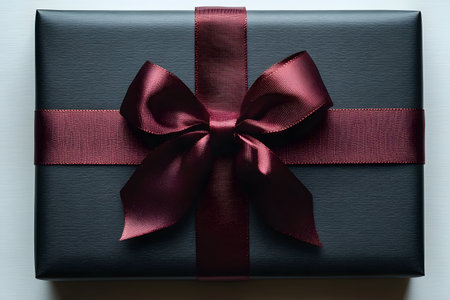 A sophisticated gift box wrapped in matte black paper, adorned with a rich maroon satin ribbon tied in a perfect bow. ideal for luxurious presents, special occasions, birthdays, or holiday celebrations. Generative AIの素材