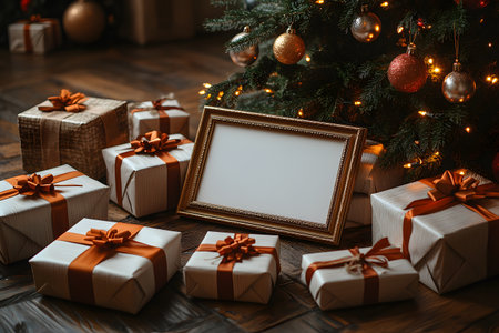 A festive scene featuring beautifully wrapped gift boxes with orange ribbons beneath a decorated christmas tree. a blank framed canvas rests amidst the presents, ideal for adding personal holiday messages or images. Generative AIの素材